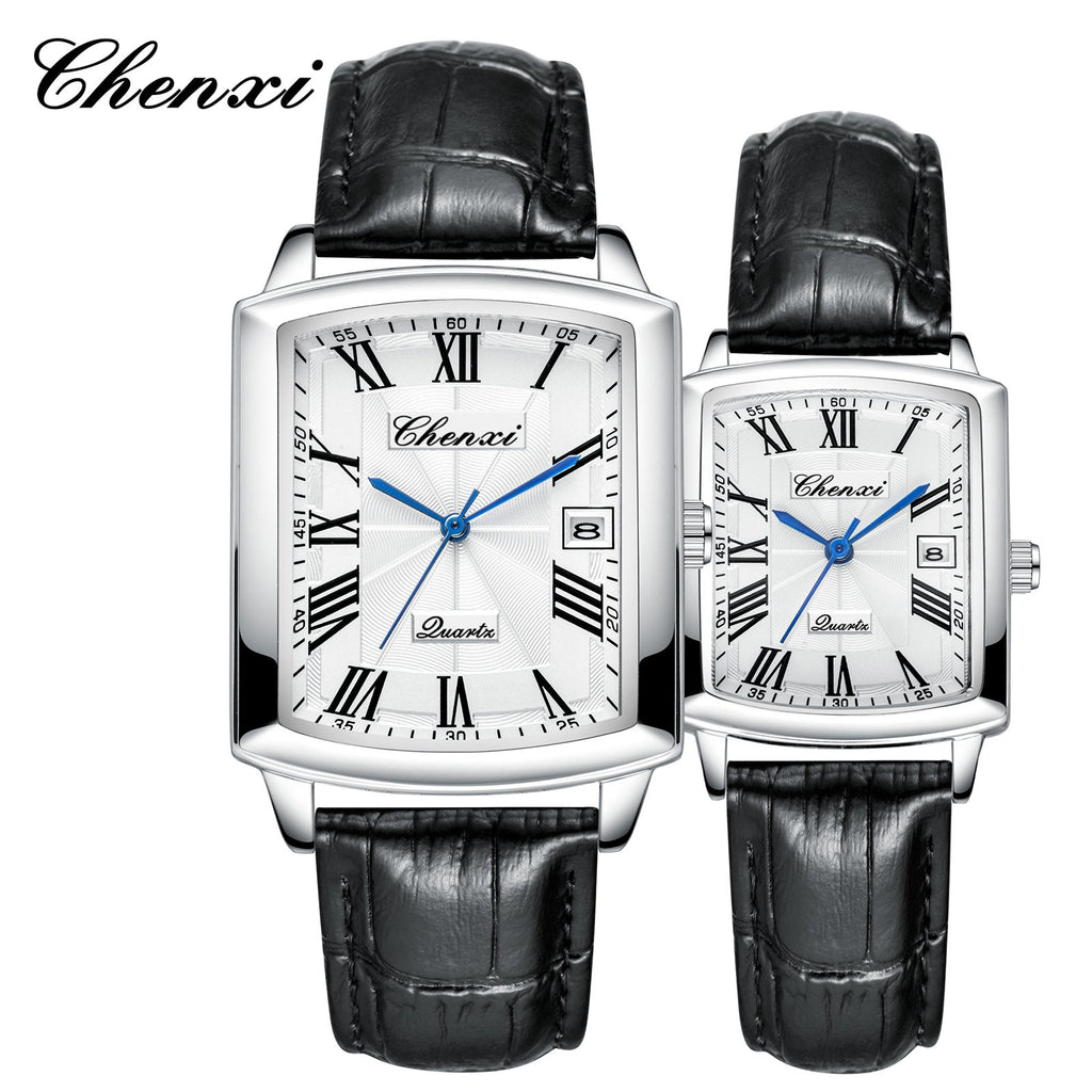 Couple's Casual Rectangular Watch | Genuine Leather Strap | Calendar & Night Light | His & Hers | CHENXI