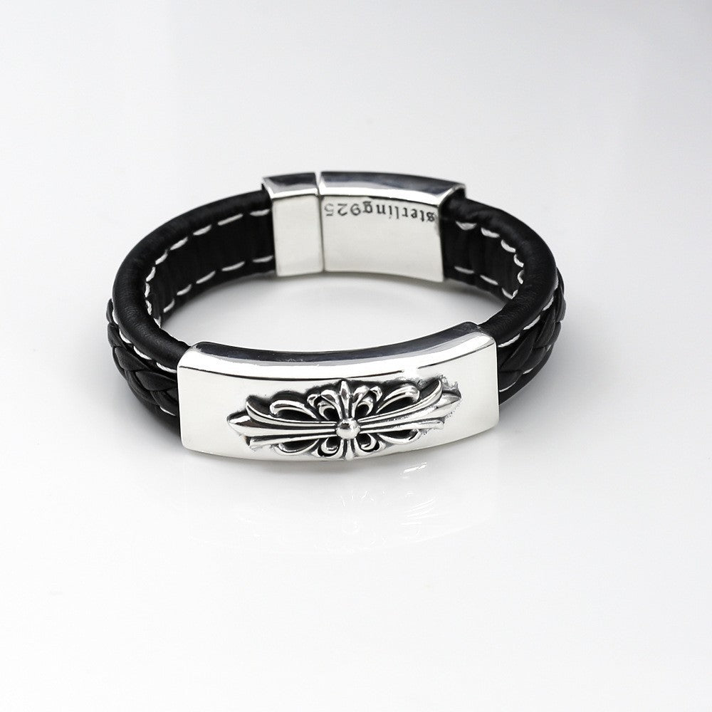 CH Croix Crusader Flower Leather Bracelet, Thai Silver Cross Bracelet, Vintage Distressed Style, Unisex Couple Bracelet