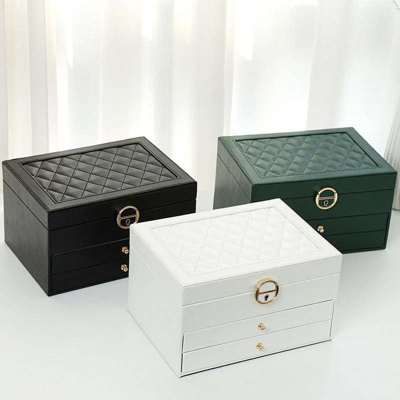 3-Layer Jewelry Box with Watch Pillow | Large Capacity Organizer | Leather | Green, White & Black