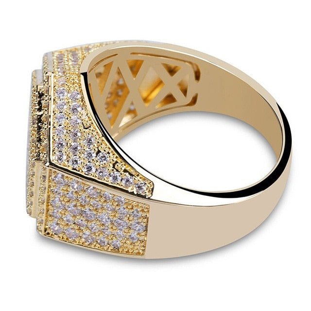 Hip Hop Fashion Rings Copper Gold Silver Color Iced Out Bling Micro Pave Cubic Zircon Geometry Ring Charms For Men gift