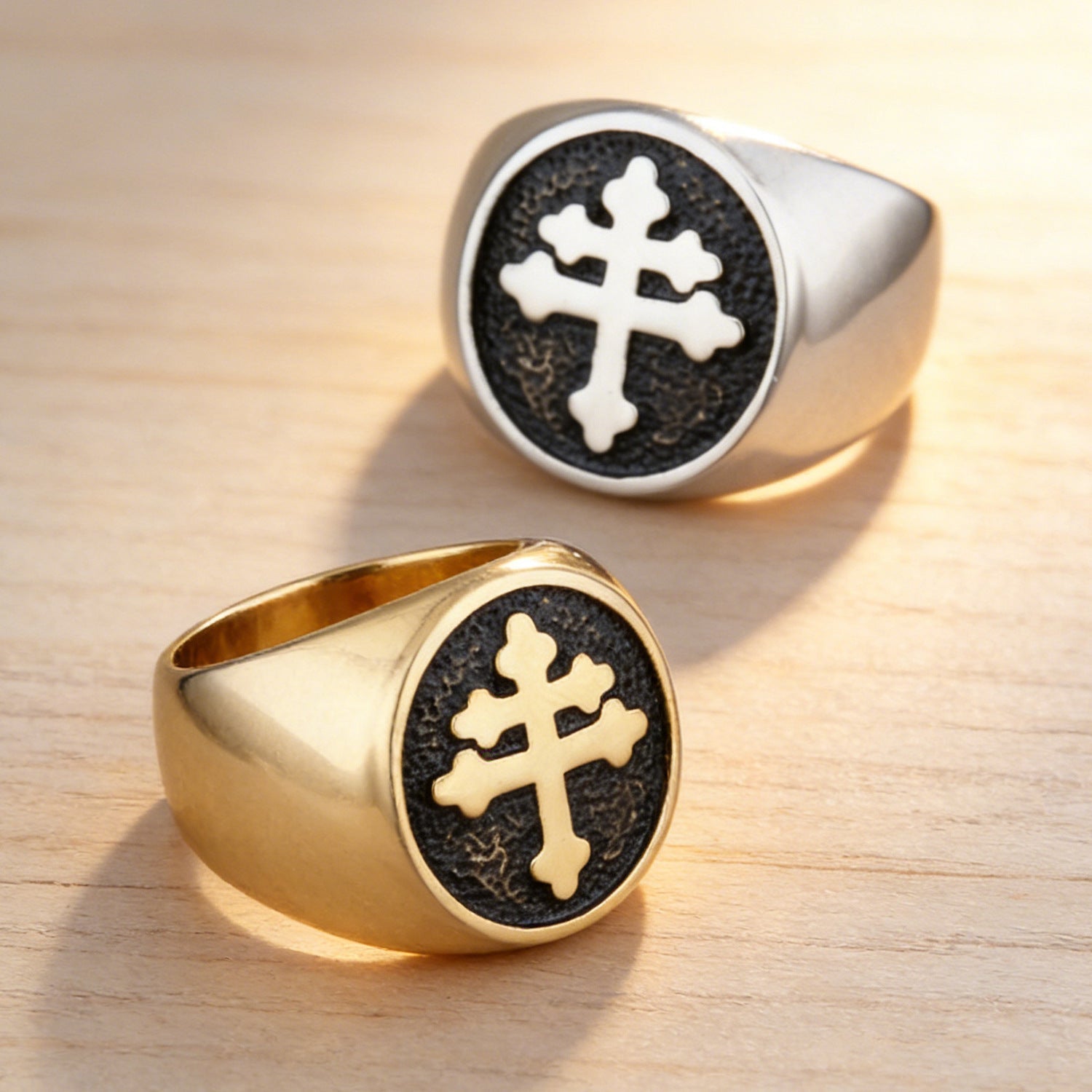 Retro Cross Ring | Stainless Steel | Gold & Black or Steel Gray | Sizes 7-14