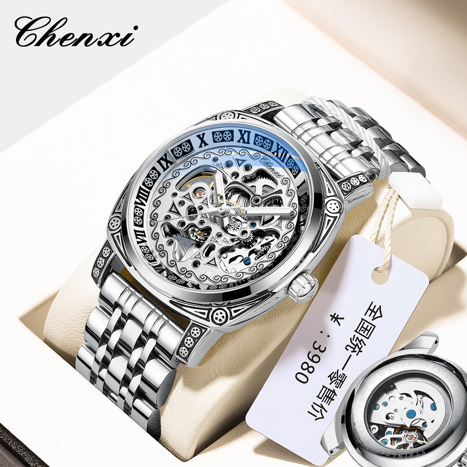 Men's Vintage Skeleton Mechanical Watch | Engraved | Leather or Steel Strap | 42mm | 6 Styles