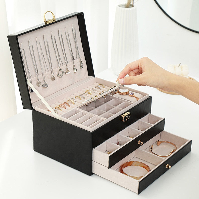 3-Layer Jewelry Box with Watch Pillow | Large Capacity Organizer | Leather | Green, White & Black