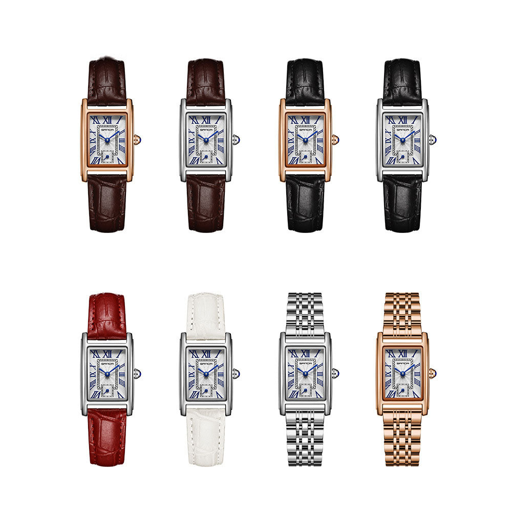 Women's Square Quartz Watch | Roman Numerals | Water Resistant | Steel & Leather Strap | 8 Colors