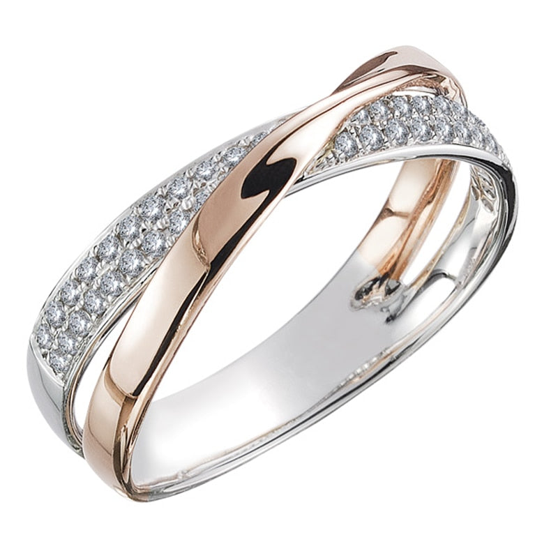 Bicolor Cross Ring | Cubic Zirconia | Two-Tone Brass | Sizes 5-11 | Women's Statement Ring