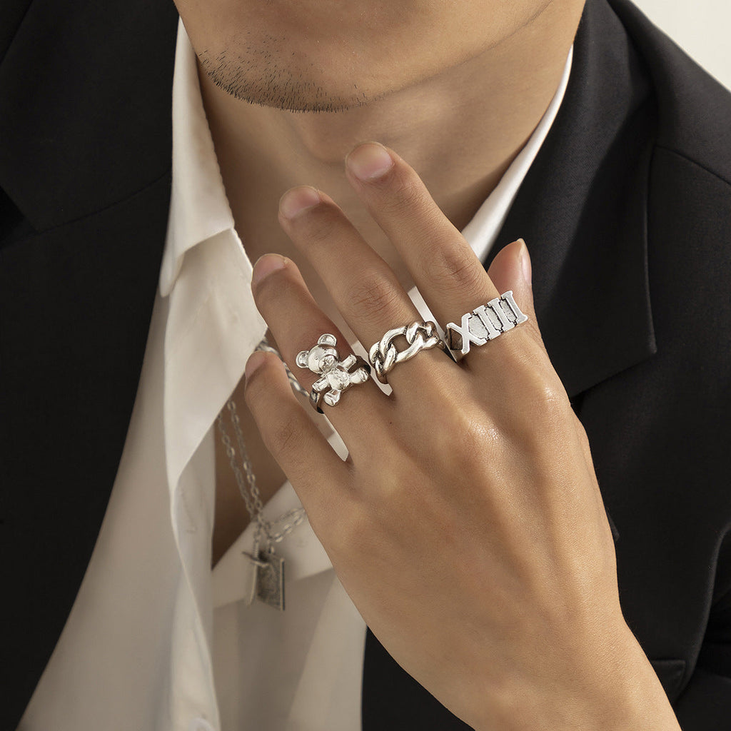 Jewelry Creative Bear Metal Geometric Ring Set Retro Roman Numerals Simple Hand Jewelry for Men