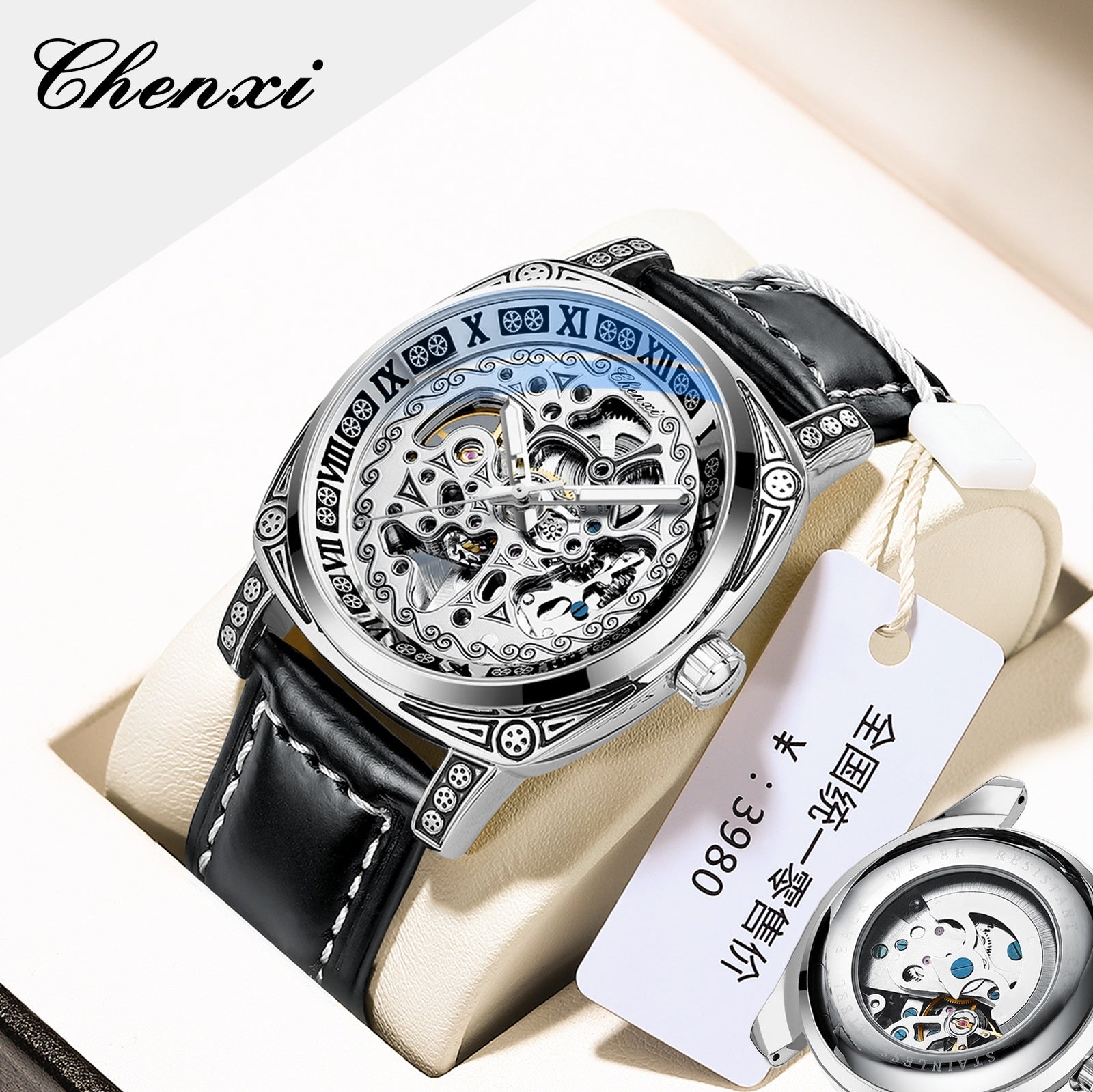 Men's Vintage Skeleton Mechanical Watch | Engraved | Leather or Steel Strap | 42mm | 6 Styles