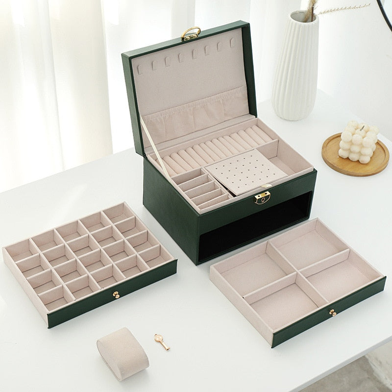 3-Layer Jewelry Box with Watch Pillow | Large Capacity Organizer | Leather | Green, White & Black
