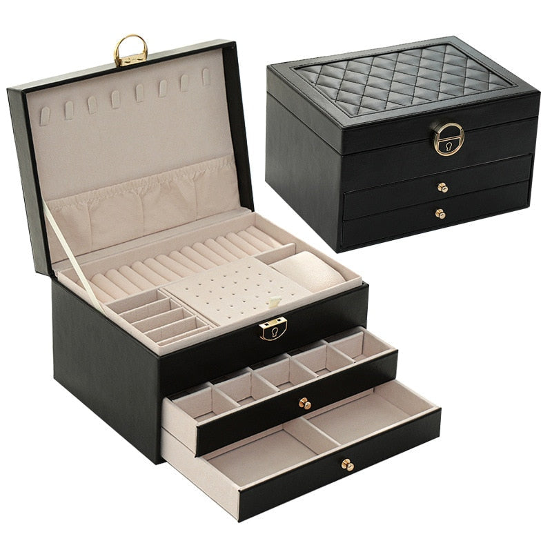 3-Layer Jewelry Box with Watch Pillow | Large Capacity Organizer | Leather | Green, White & Black
