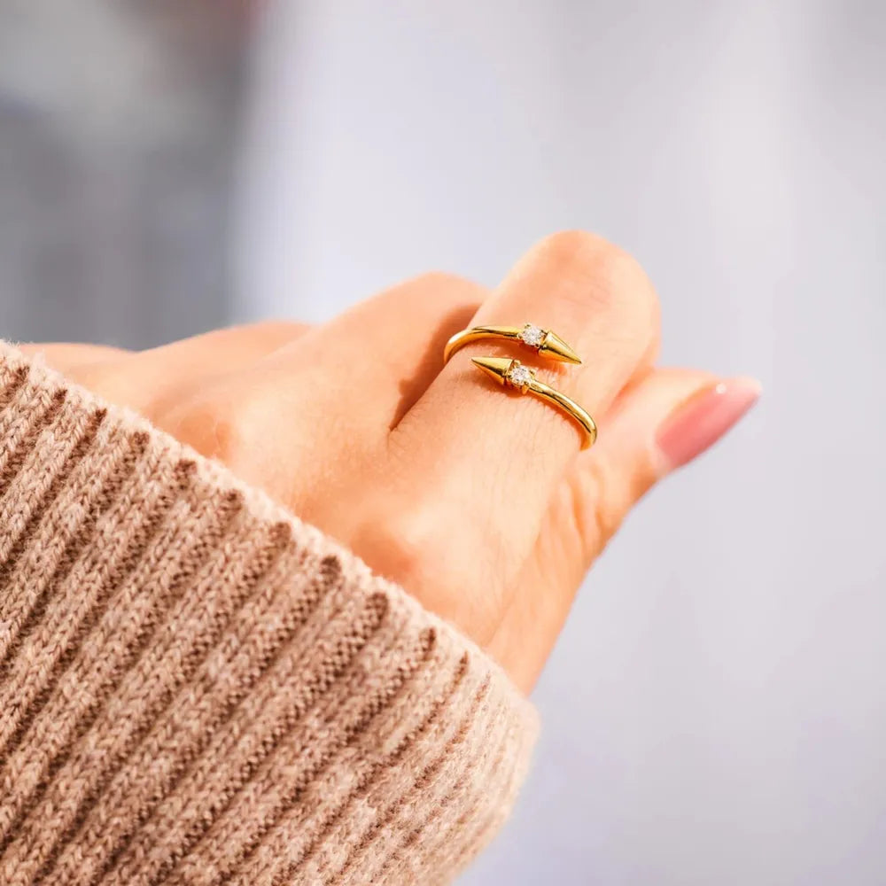 925 Sterling Silver Bypass Ring with Zircon | Gold-Plated Open Ring