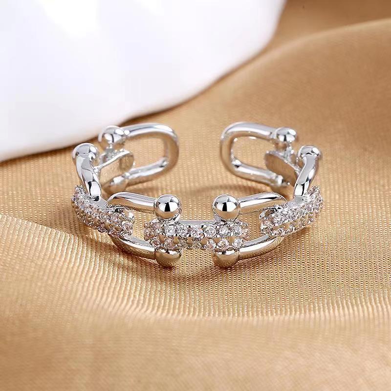 Micro Zircon Chain Ring | Adjustable | White Gold & Yellow Gold | Women's Jewelry