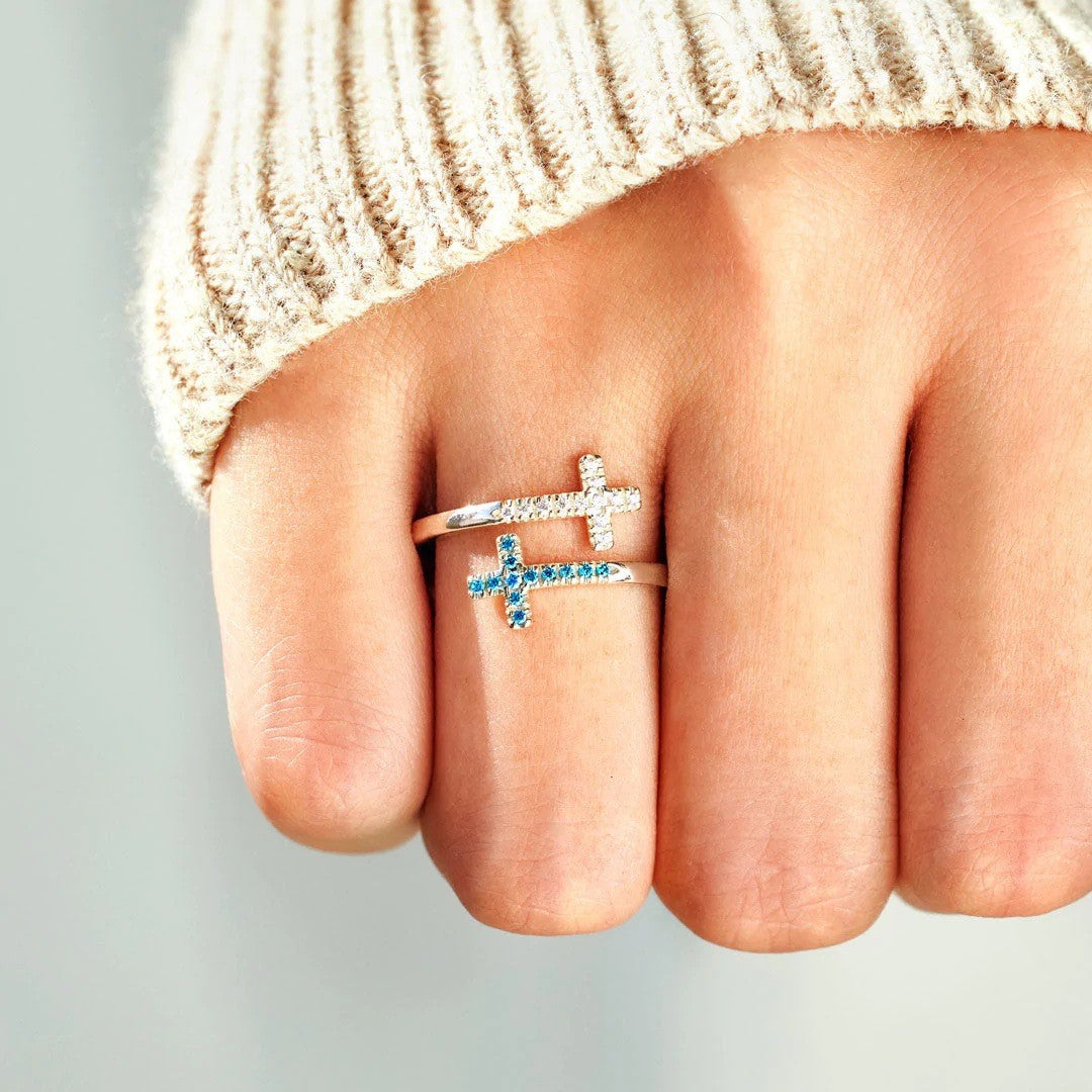 Double layered cross blue and white diamond open ring