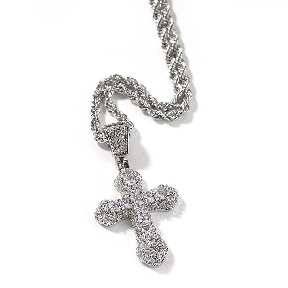 Hip-Hop Cross Necklace | Colored Zircon Pendant | Twist Chain | 4 Colors | 61cm | Unisex Copper Jewelry