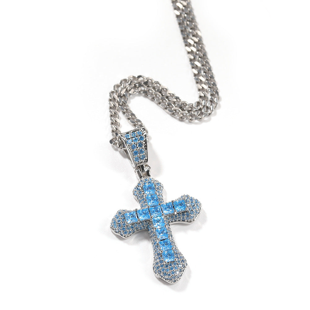 Hip-Hop Cross Necklace | Colored Zircon Pendant | Twist Chain | 4 Colors | 61cm | Unisex Copper Jewelry