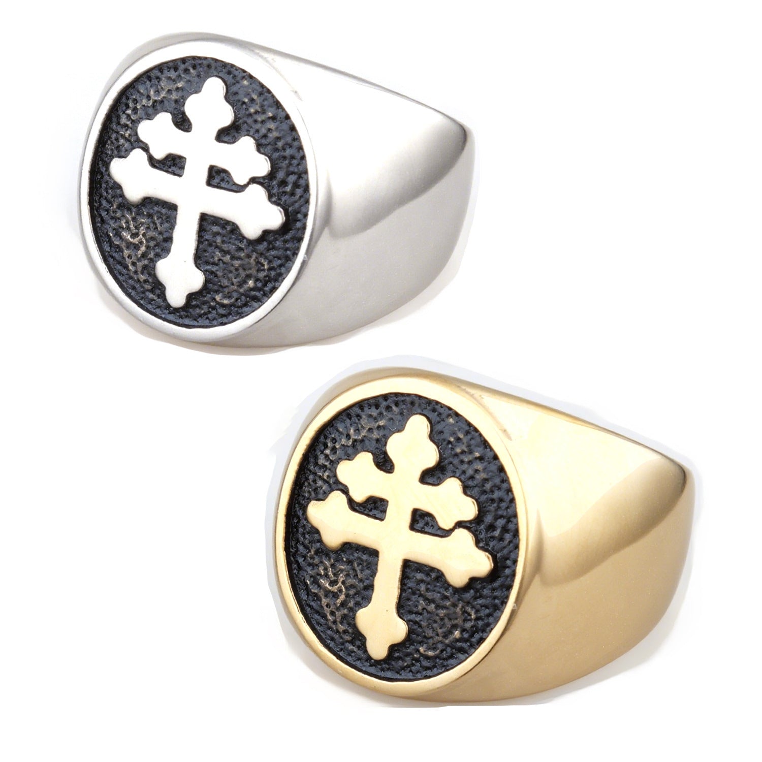 Retro Cross Ring | Stainless Steel | Gold & Black or Steel Gray | Sizes 7-14