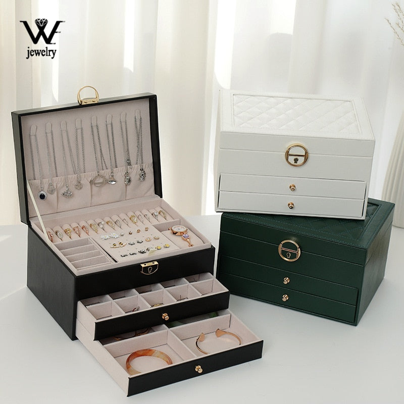 3-Layer Jewelry Box with Watch Pillow | Large Capacity Organizer | Leather | Green, White & Black