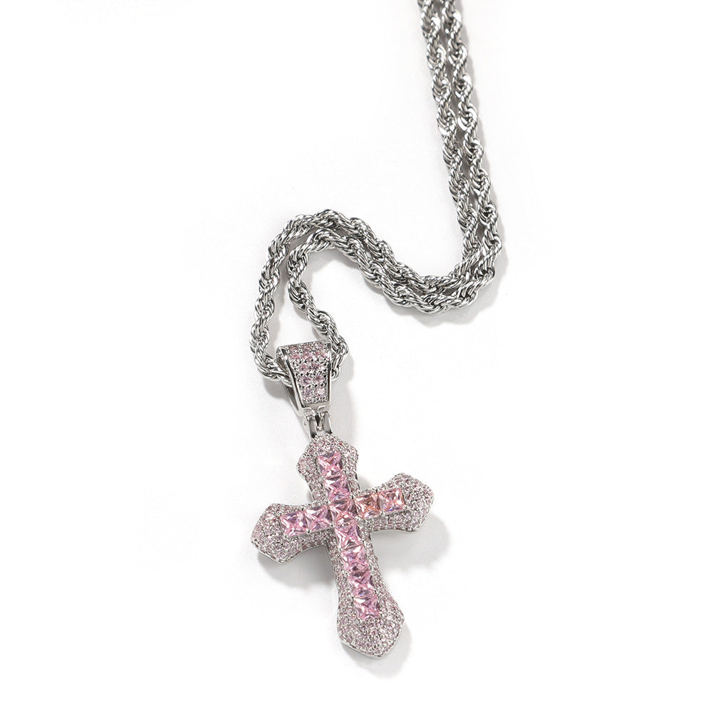 Hip-Hop Cross Necklace | Colored Zircon Pendant | Twist Chain | 4 Colors | 61cm | Unisex Copper Jewelry