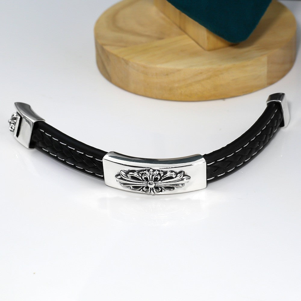 CH Croix Crusader Flower Leather Bracelet, Thai Silver Cross Bracelet, Vintage Distressed Style, Unisex Couple Bracelet