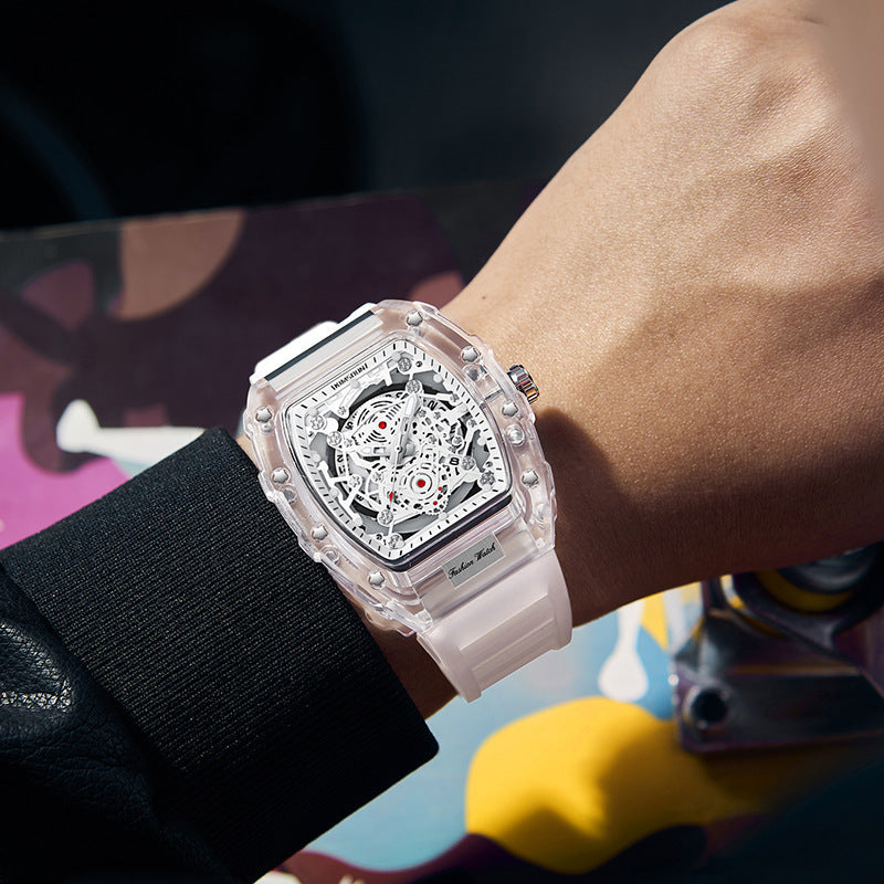 Barrel-Shaped Transparent Quartz Watch | Night Light | Calendar | 6 Bold Colors | Men's Fashion Watch