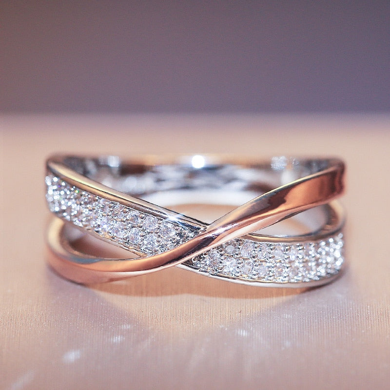 Bicolor Cross Ring | Cubic Zirconia | Two-Tone Brass | Sizes 5-11 | Women's Statement Ring