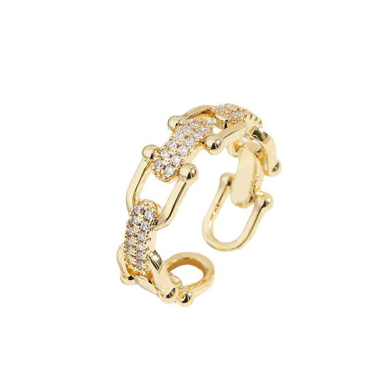 Micro Zircon Chain Ring | Adjustable | White Gold & Yellow Gold | Women's Jewelry