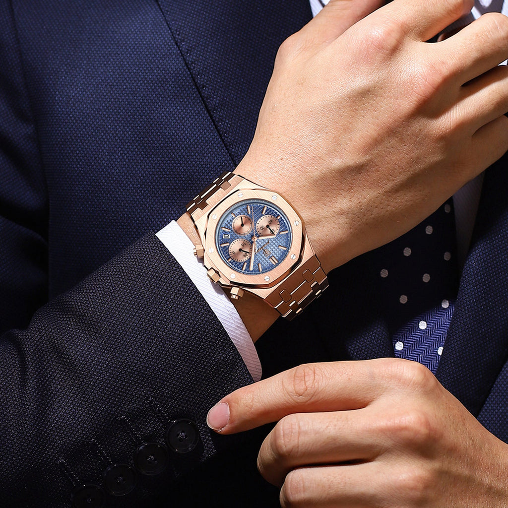 POEDAGAR 926 Men's Chronograph Watch | Stainless Steel | 42mm | 10 Styles | Rose Gold, Silver & Black