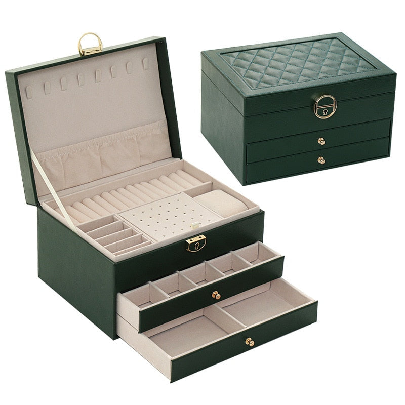 3-Layer Jewelry Box with Watch Pillow | Large Capacity Organizer | Leather | Green, White & Black