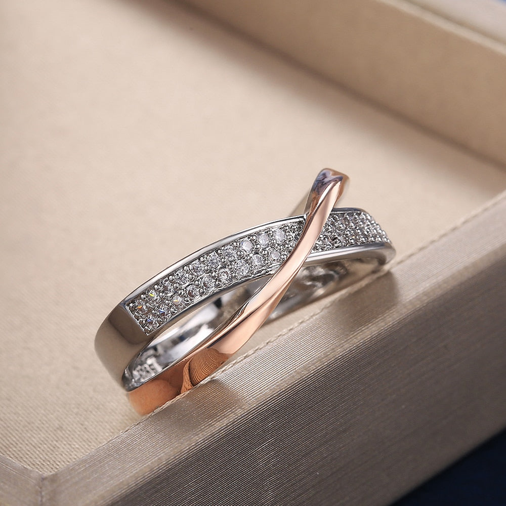 Bicolor Cross Ring | Cubic Zirconia | Two-Tone Brass | Sizes 5-11 | Women's Statement Ring