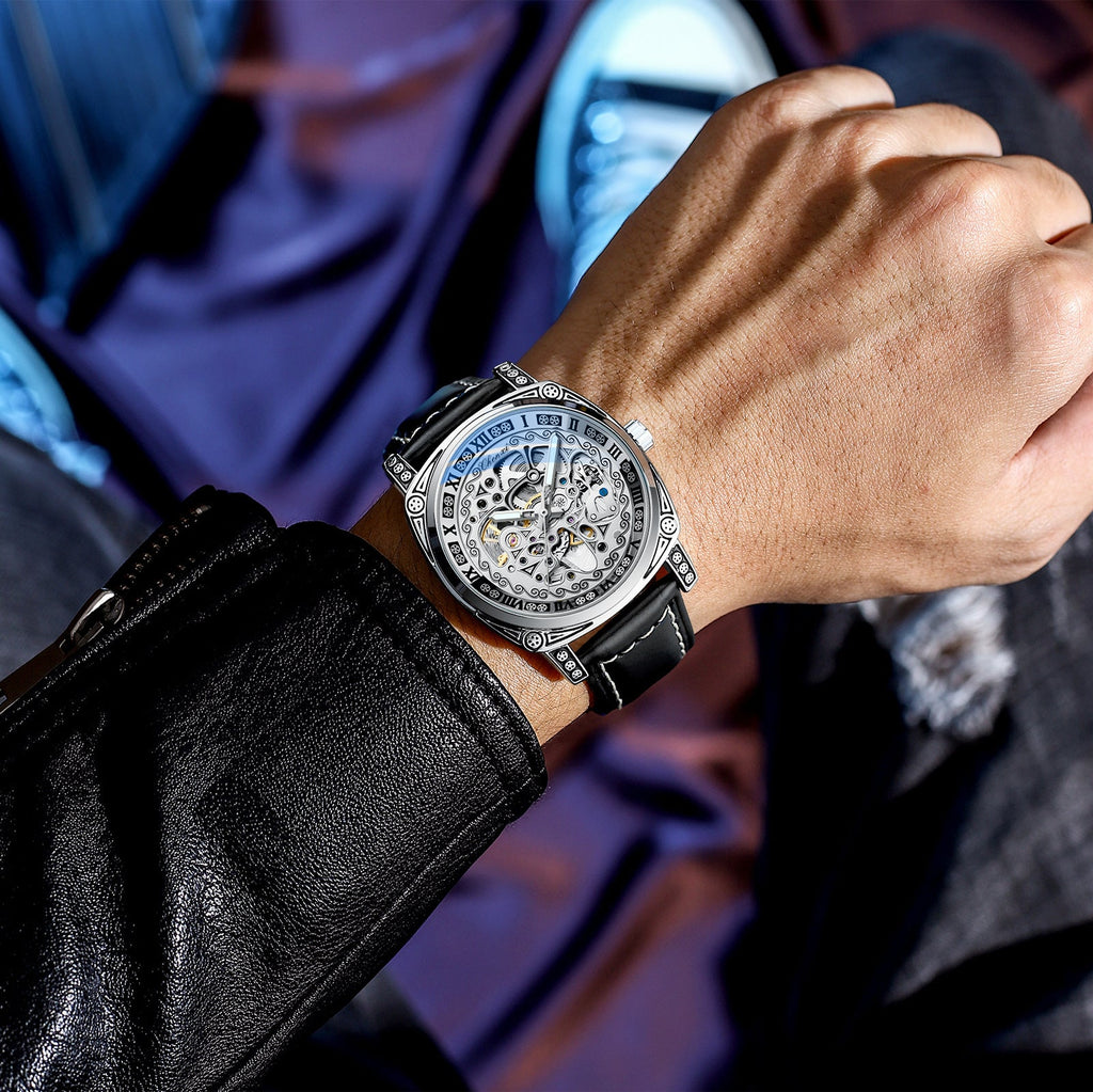 Men's Vintage Skeleton Mechanical Watch | Engraved | Leather or Steel Strap | 42mm | 6 Styles