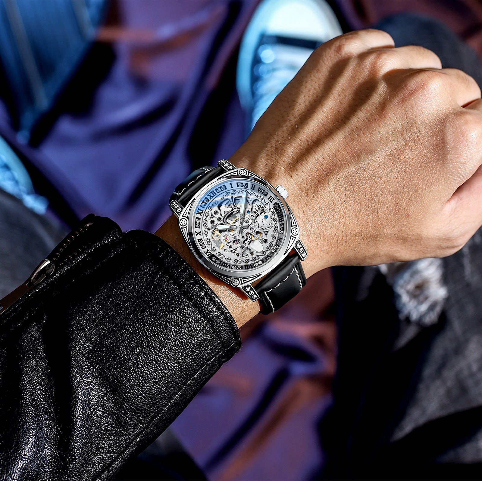 Men's Vintage Skeleton Mechanical Watch | Engraved | Leather or Steel Strap | 42mm | 6 Styles