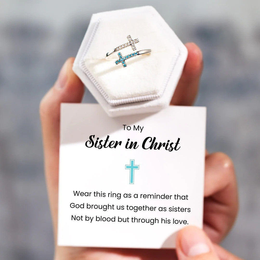 Double layered cross blue and white diamond open ring