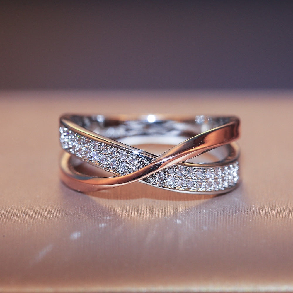 Bicolor Cross Ring | Cubic Zirconia | Two-Tone Brass | Sizes 5-11 | Women's Statement Ring