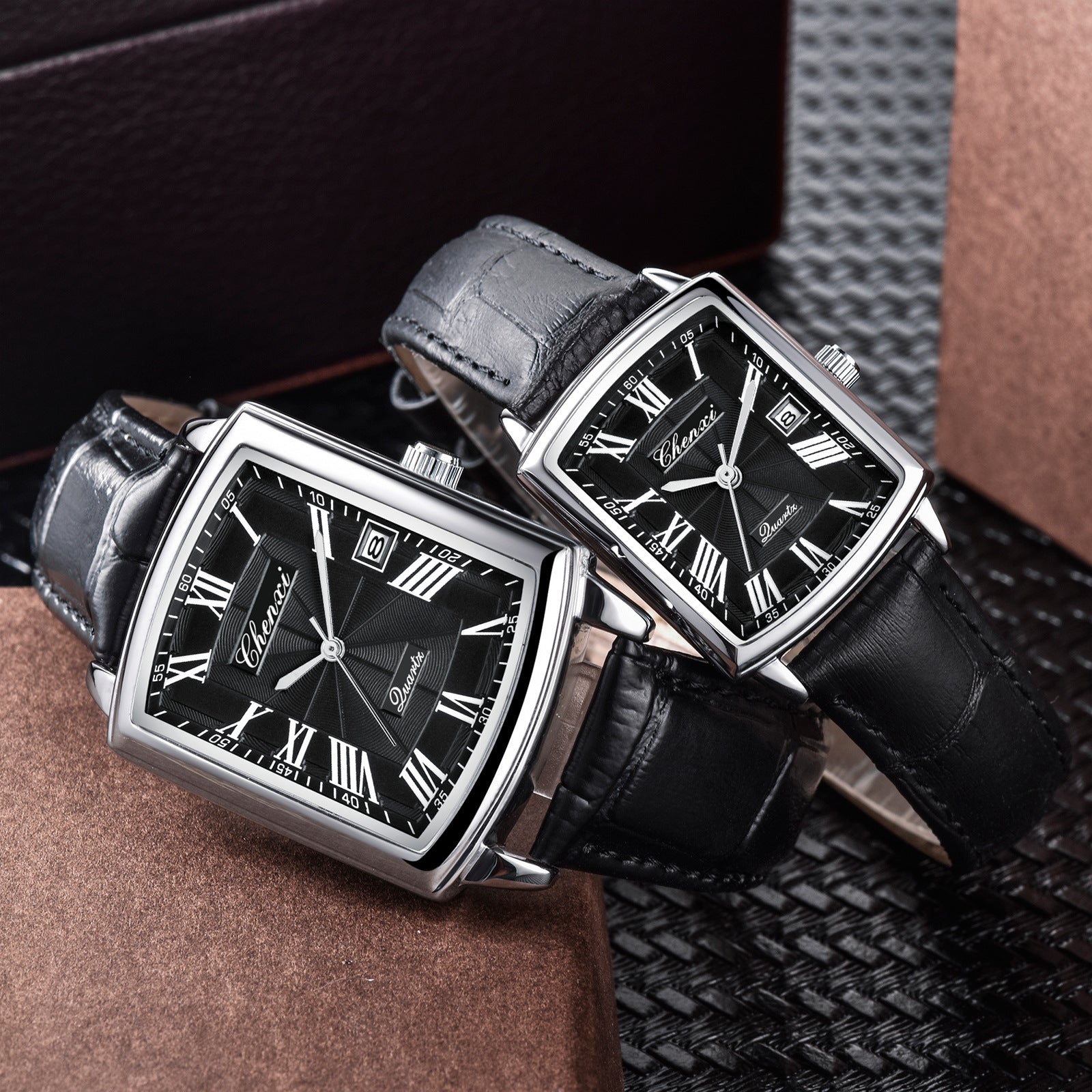 Couple's Casual Rectangular Watch | Genuine Leather Strap | Calendar & Night Light | His & Hers | CHENXI