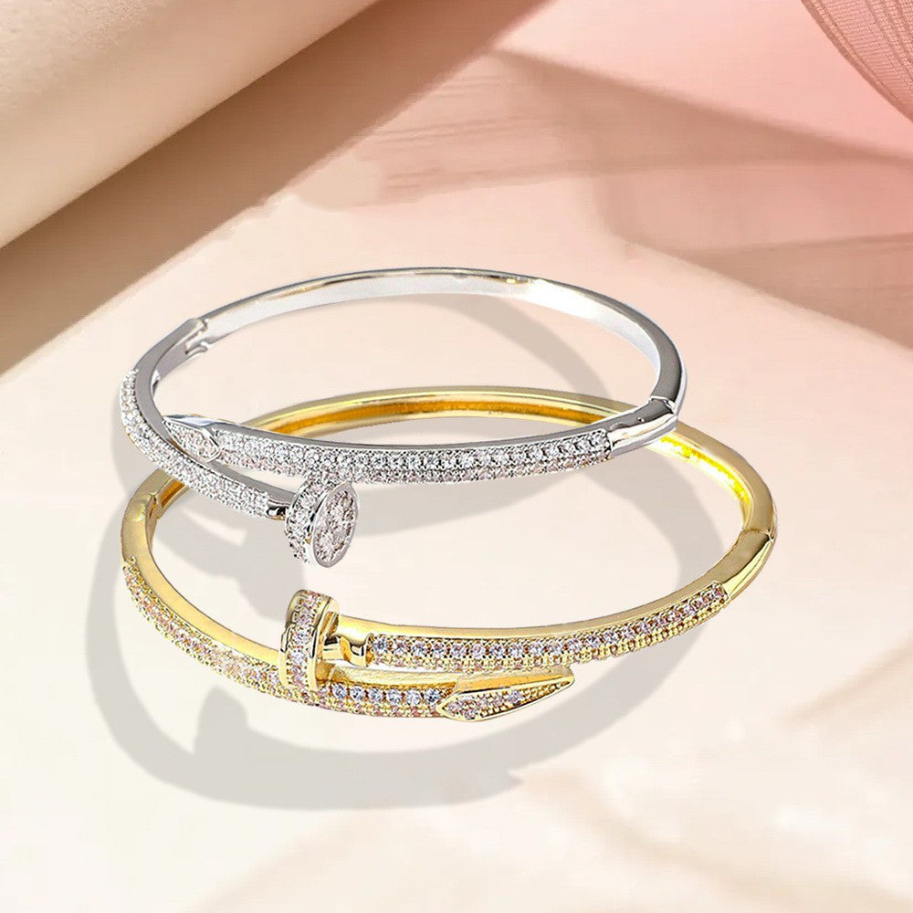High Version V Gold Classic Full Rhinestone Stud Bracelet with Diamond-Encrusted Ends, Thick 18K Rose Gold Plated, Luxury Couple Bracelet
