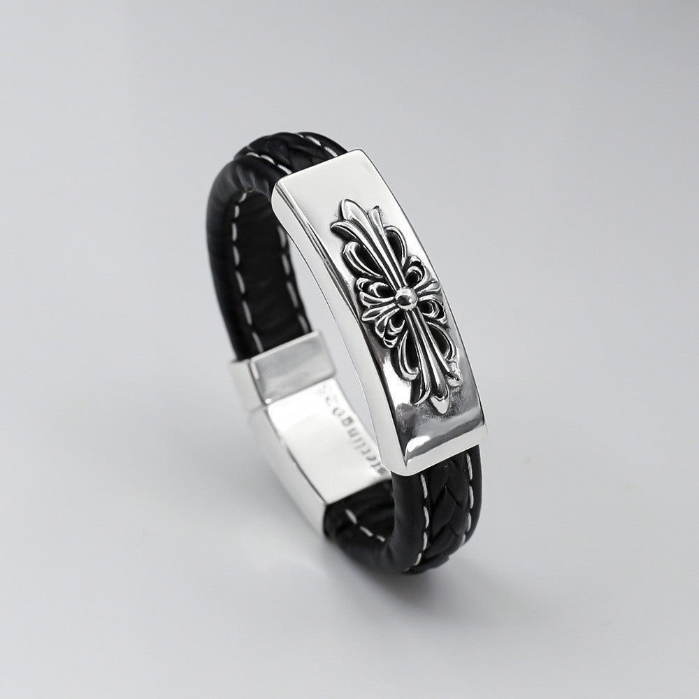 CH Croix Crusader Flower Leather Bracelet, Thai Silver Cross Bracelet, Vintage Distressed Style, Unisex Couple Bracelet