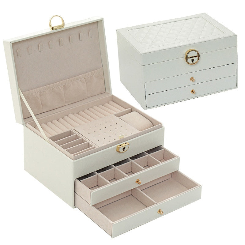 3-Layer Jewelry Box with Watch Pillow | Large Capacity Organizer | Leather | Green, White & Black