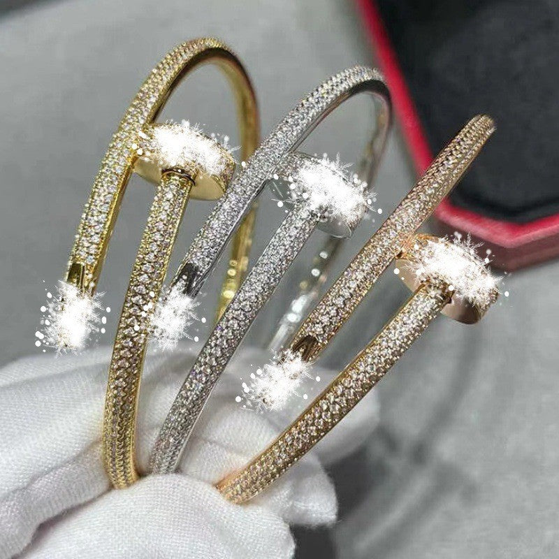 High Version V Gold Classic Full Rhinestone Stud Bracelet with Diamond-Encrusted Ends, Thick 18K Rose Gold Plated, Luxury Couple Bracelet