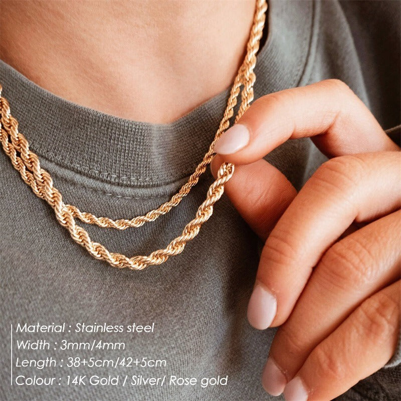 Twisted Chain Necklace | Stainless Steel | Silver, Gold & Rose Gold | 3mm & 4mm | Women's Fashion