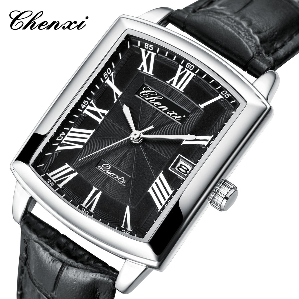 Couple's Casual Rectangular Watch | Genuine Leather Strap | Calendar & Night Light | His & Hers | CHENXI