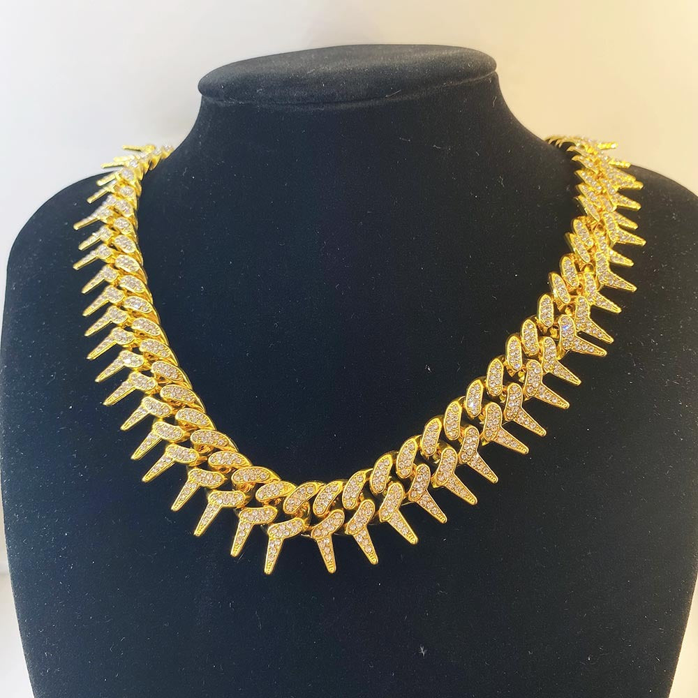 Hip-Hop Exaggerated Full Diamond Geometric Necklace Domineering Thorn Cuban Chain Hipster Men's Necklace Jewelry