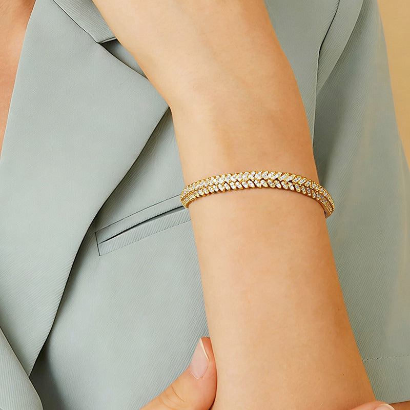 Fashion Chain Bracelet with Fishbone Zircon, Gold and Silver, Elegant Full Diamond Tennis Bracelet for Women, Mother's Day Gift
