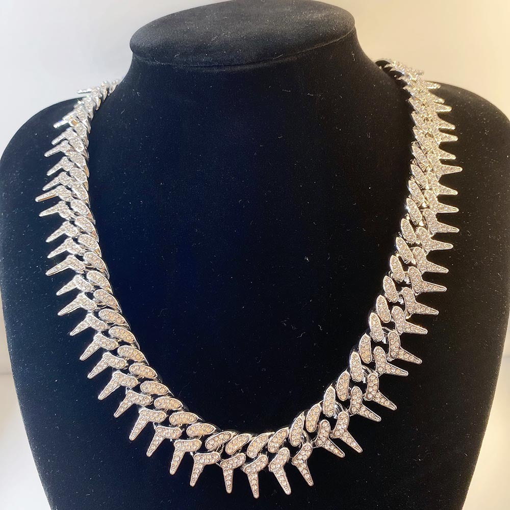 Hip-Hop Exaggerated Full Diamond Geometric Necklace Domineering Thorn Cuban Chain Hipster Men's Necklace Jewelry