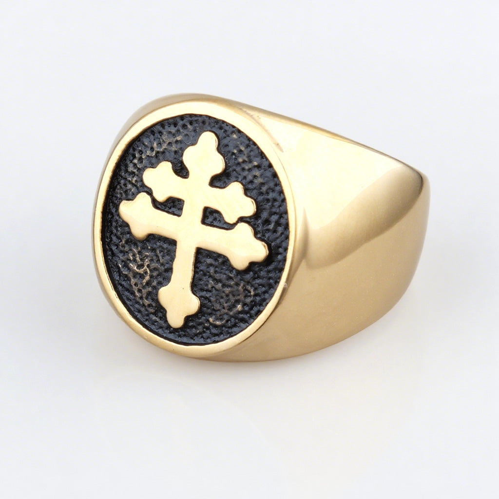 Retro Cross Ring | Stainless Steel | Gold & Black or Steel Gray | Sizes 7-14