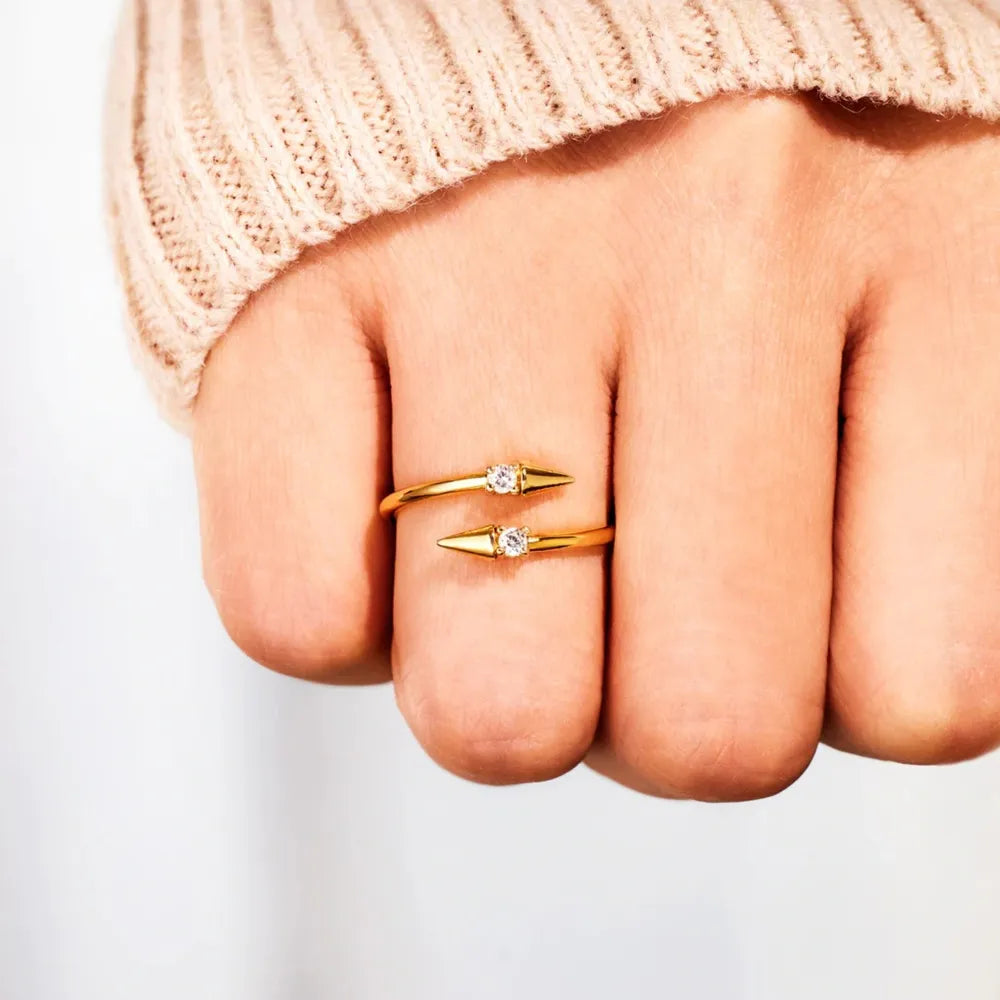 925 Sterling Silver Bypass Ring with Zircon | Gold-Plated Open Ring