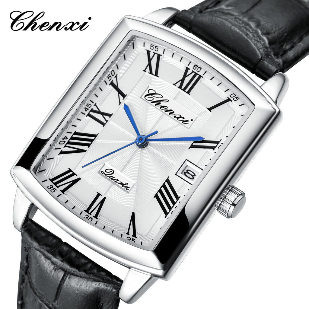 Couple's Casual Rectangular Watch | Genuine Leather Strap | Calendar & Night Light | His & Hers | CHENXI