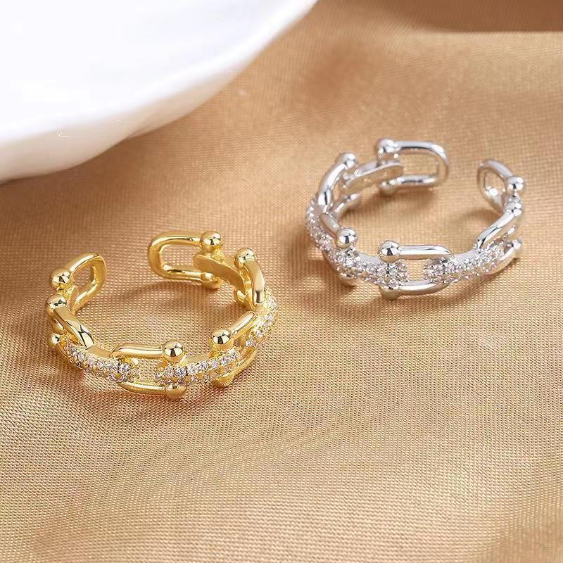 Micro Zircon Chain Ring | Adjustable | White Gold & Yellow Gold | Women's Jewelry