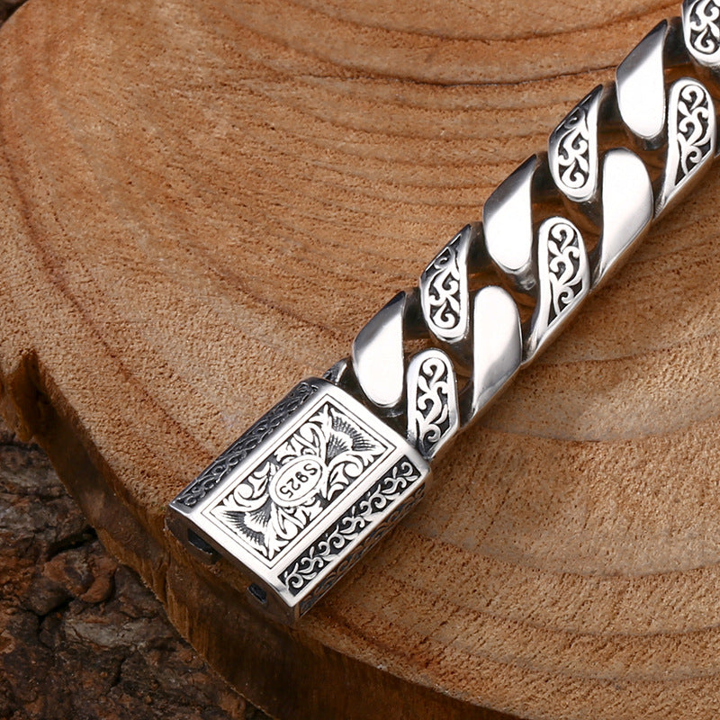 925 Silver Bracelet Pattern Cuban Link Thick Men's Thai Silver Vintage Oxidized Jewelry