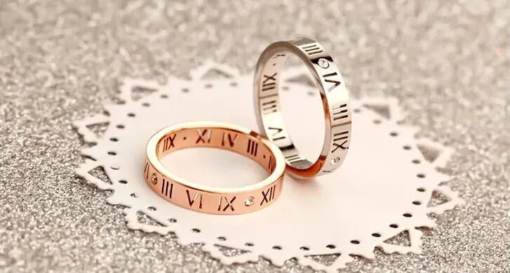 Fashion jewelry elegant temperament of hollow out lucky Roman numerals rose gold plating titanium steel ring