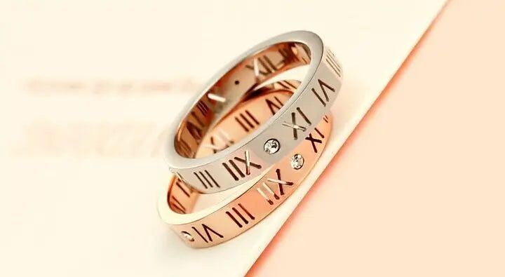 Fashion jewelry elegant temperament of hollow out lucky Roman numerals rose gold plating titanium steel ring