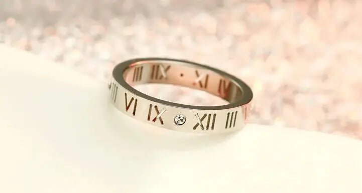Fashion jewelry elegant temperament of hollow out lucky Roman numerals rose gold plating titanium steel ring